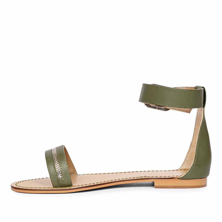 Saint Donelle Zip Decor Olive Leather Sandals