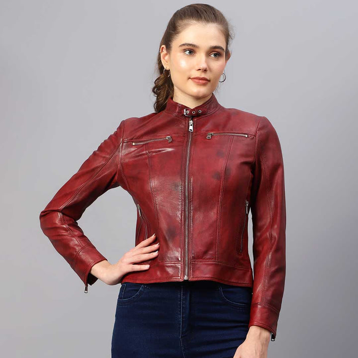 Saint Edwina Burgundy Leather Women Cafe Racer Jackets