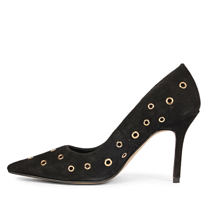 Saint Remi Eyelet Embellished Black Suede Leather Pumps