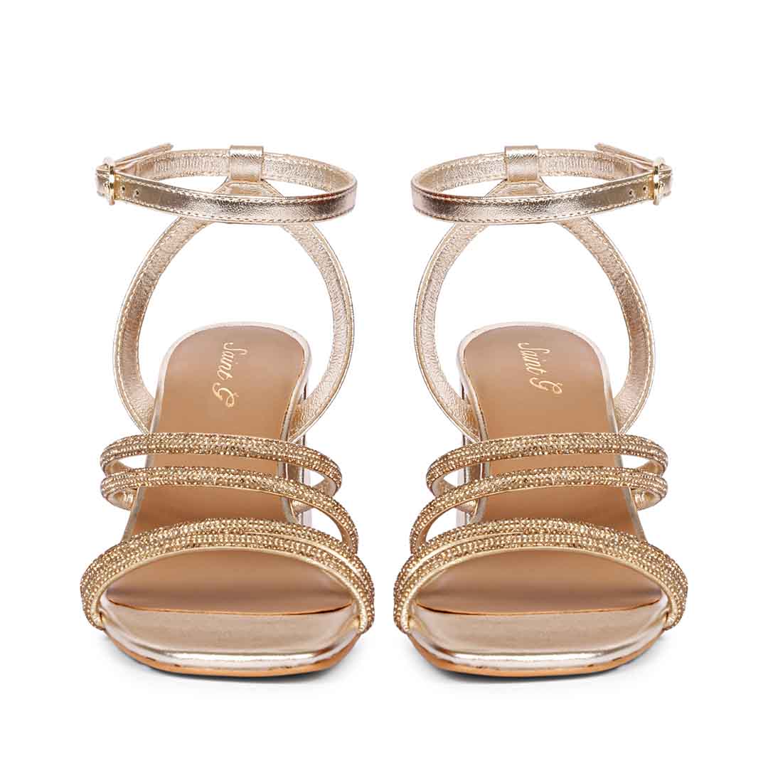 Saint Aldina Crystal Cord String Platin Leather Jewel Block Heels