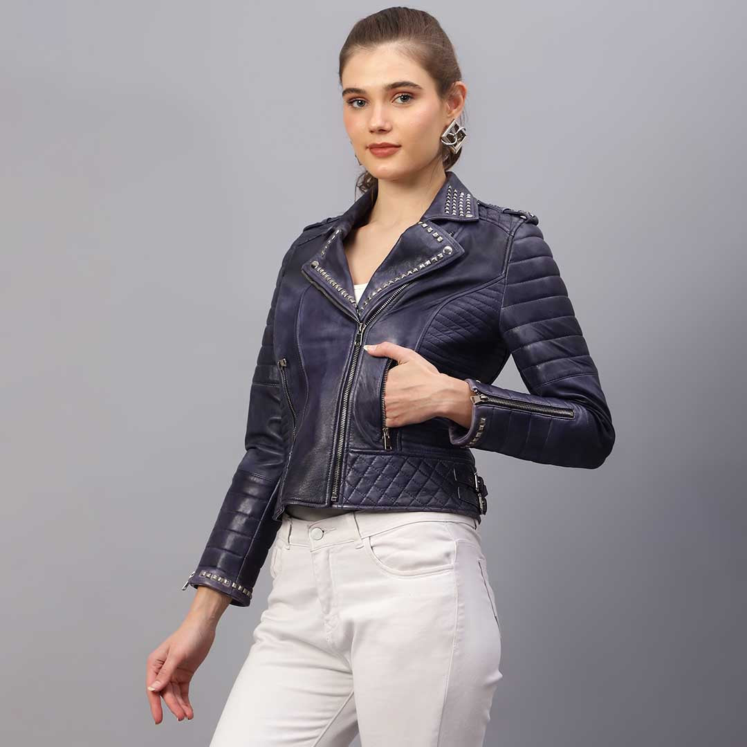 Saint Brielle Women Blue Leather Biker Style Jackets