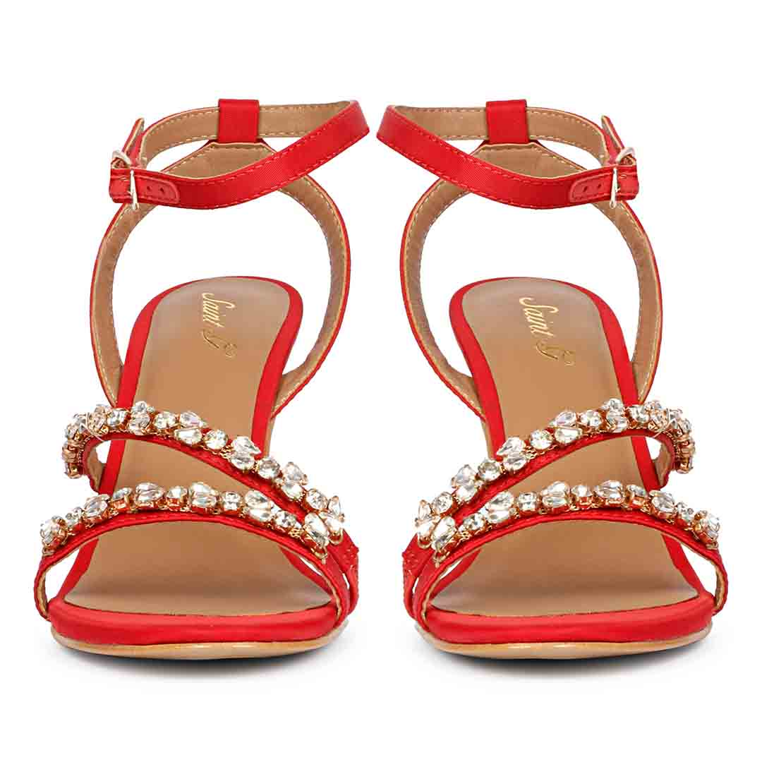 Saint Isla Stone embellished Red Leather Strappy Stilettos