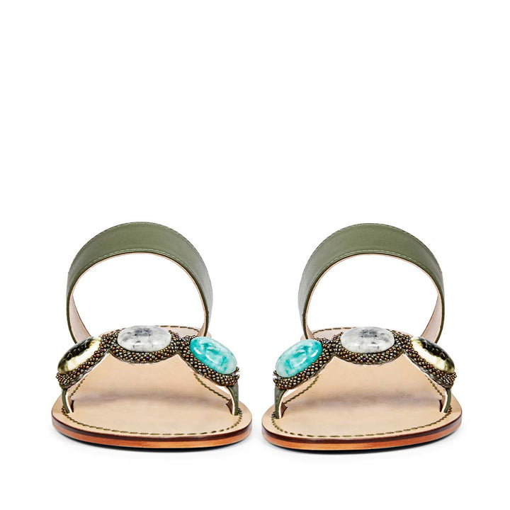 Saint Eva Multi Stone Adorned Olive Leather Flats