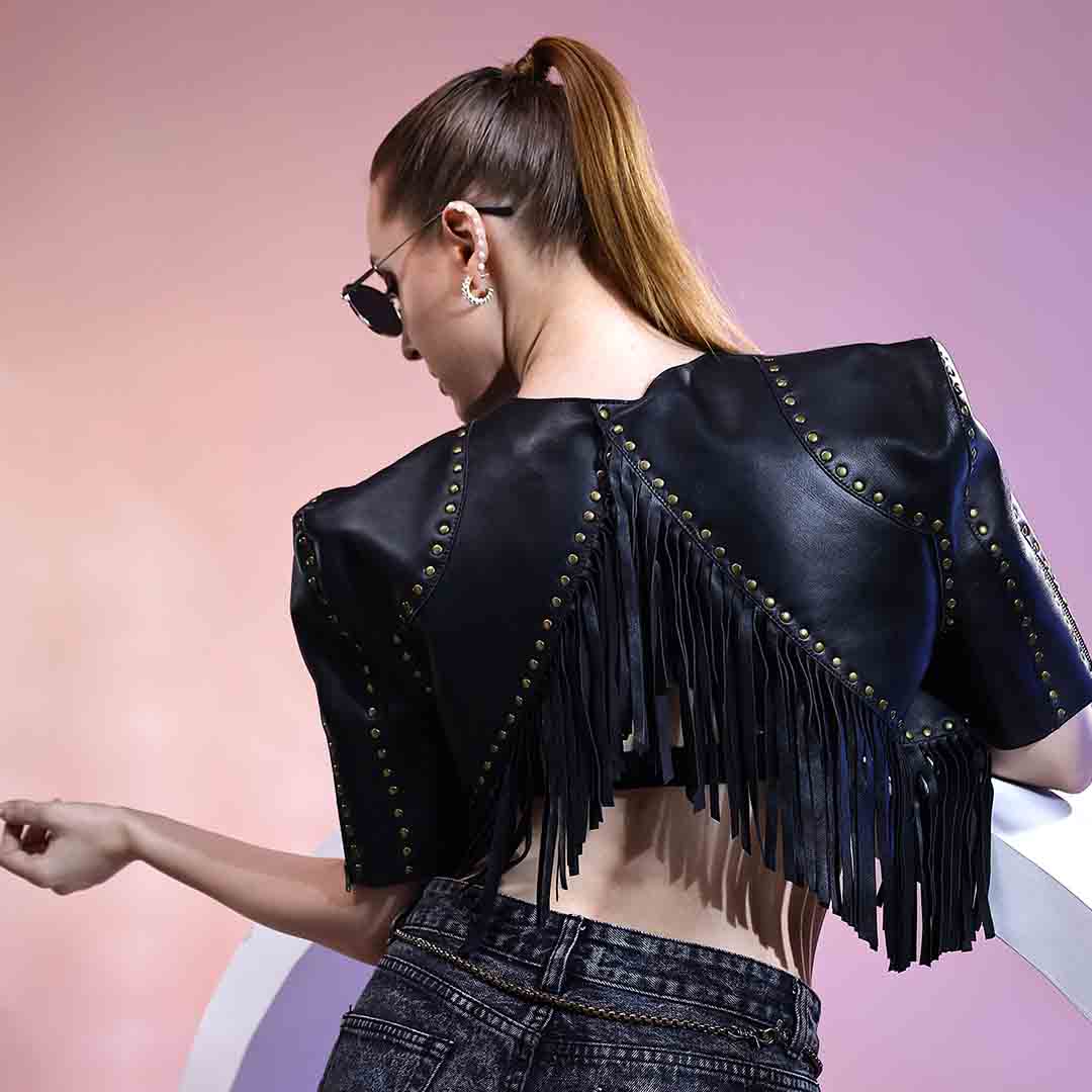 Saint Metal Studded Fringed Leather Short Jacket