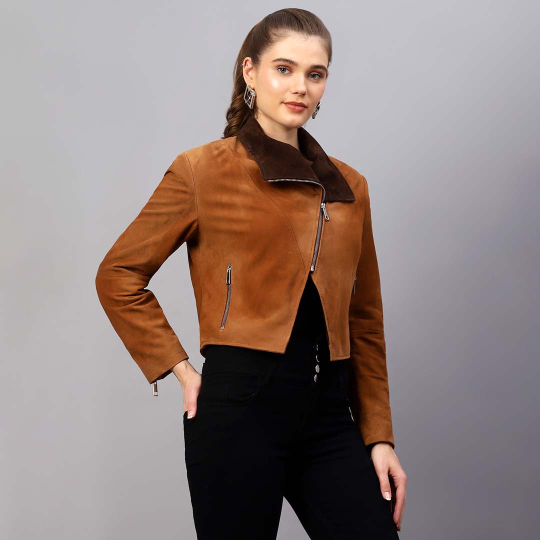 Saint Rebecca Women Light Brown Leather Spread Collar Jackets