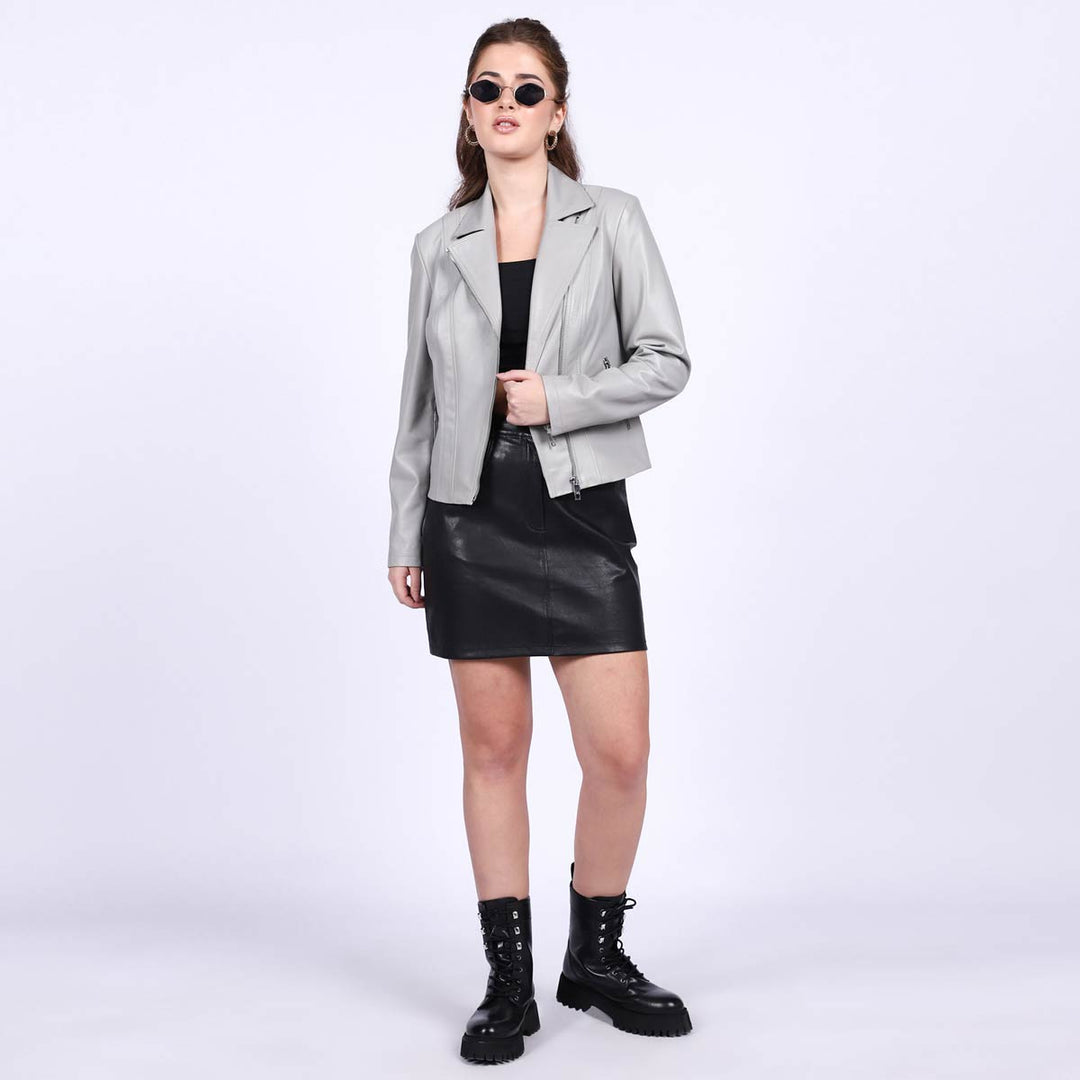 Saier Women Biker Jacketsnt Ginevra Grey Leather Women Biker Jackets