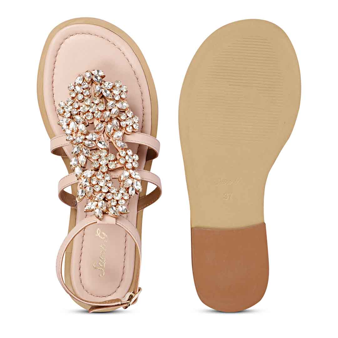 Saint Jenna Silver Stone Adorned Pink Leather Flat Sandals