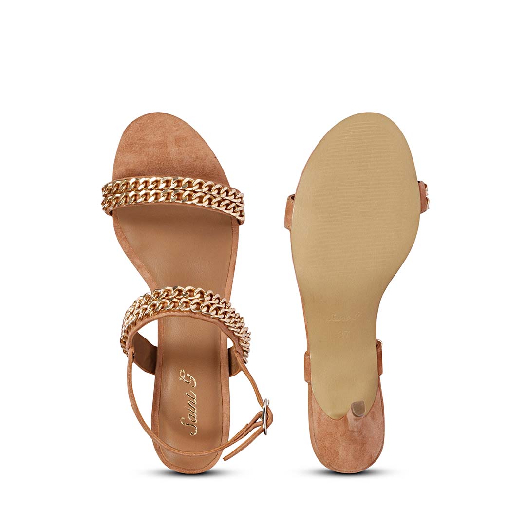 Saint Valeria Gold Chain sand Suede Leather Stilettos