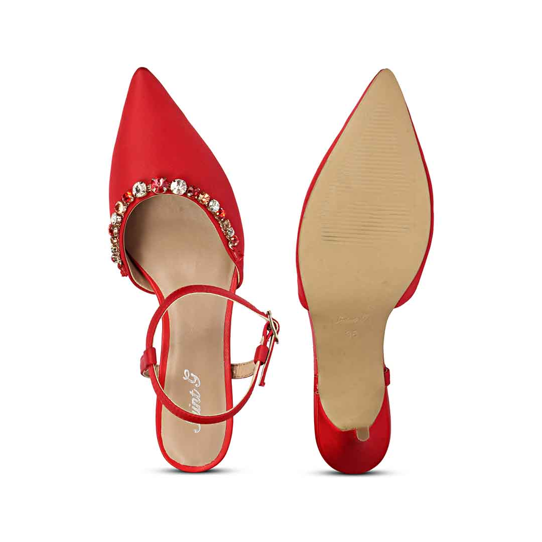 Saint Leila Multi Stone Embellished Red Nylon Fabric Pumps