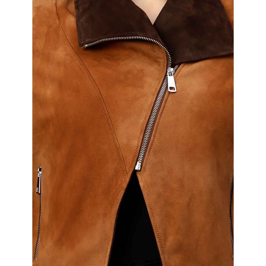 Saint Rebecca Women Light Brown Leather Spread Collar Jackets