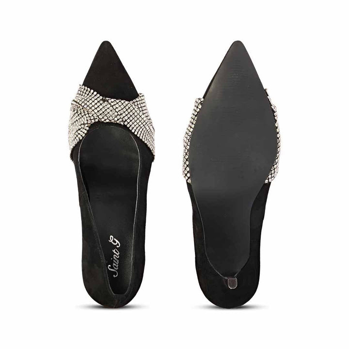 Saint Sienna Silver Stone Bow Embellished Black Leather Pumps