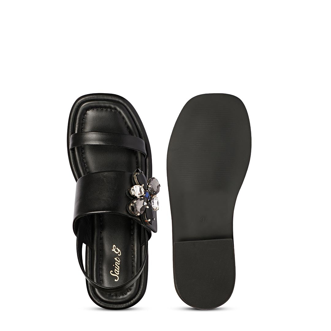 Saint Carona Multi Stone Butterfly Trim Black Leather Sandals