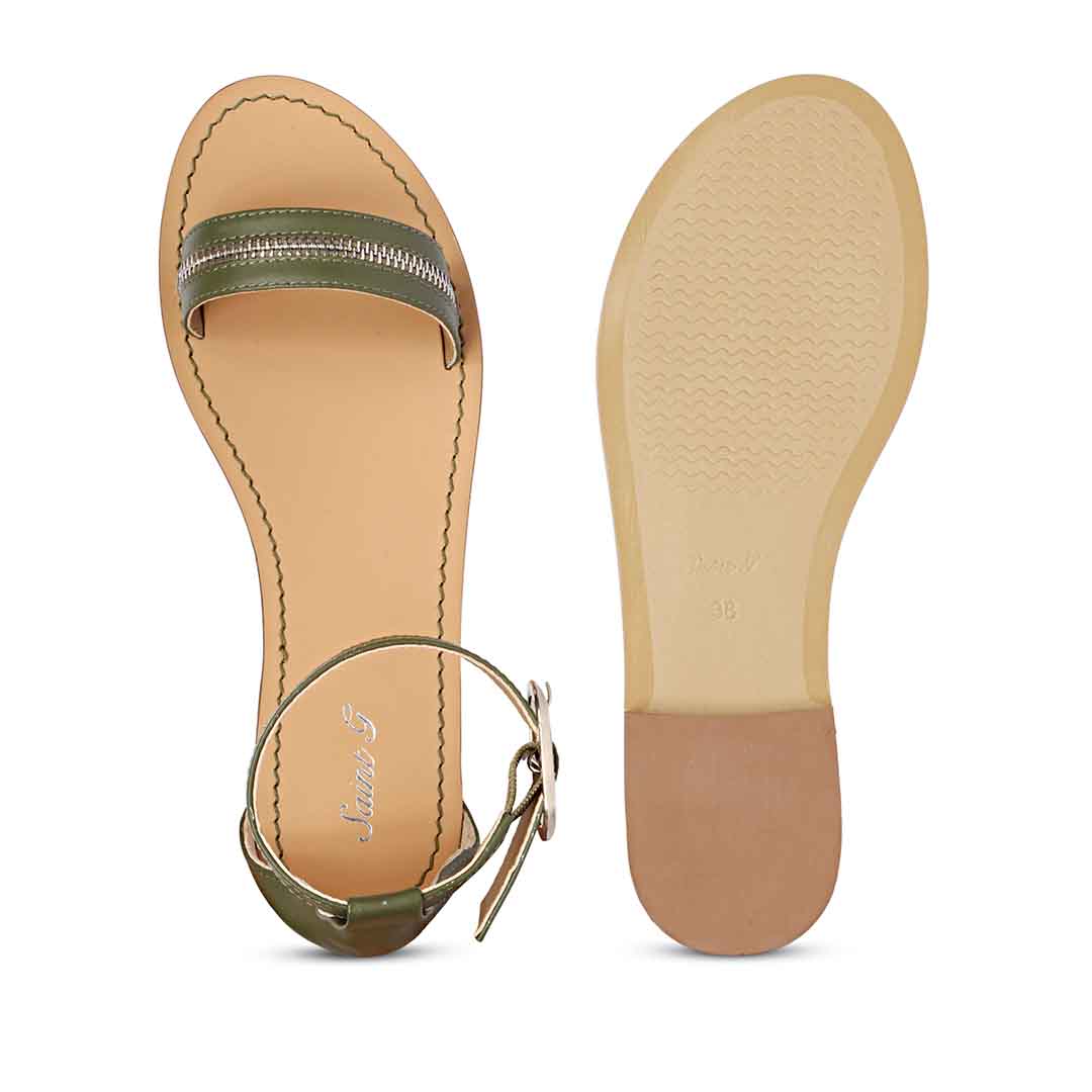 Saint Donelle Zip Decor Olive Leather Sandals