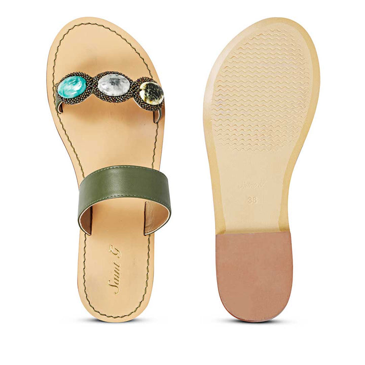 Saint Eva Multi Stone Adorned Olive Leather Flats