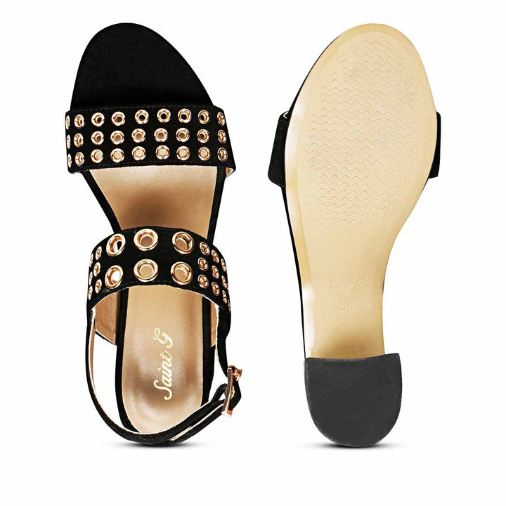 Saint Albina Eyelet Embellished Black Leather Block Heels