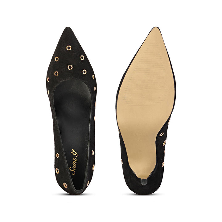 Saint Remi Eyelet Embellished Black Suede Leather Pumps