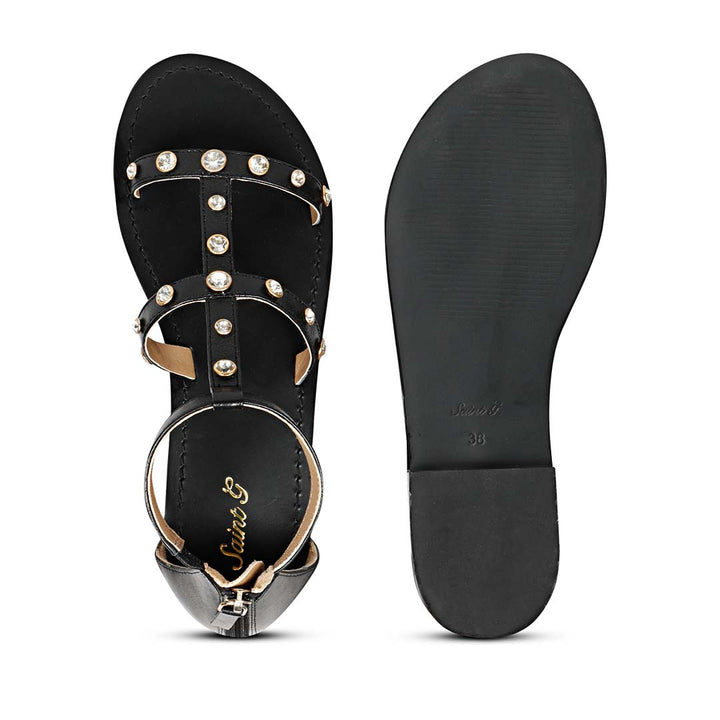 Saint Dion Crystal Stone Studded Black Leather Sandals