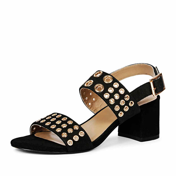 Saint Albina Eyelet Embellished Black Leather Block Heels