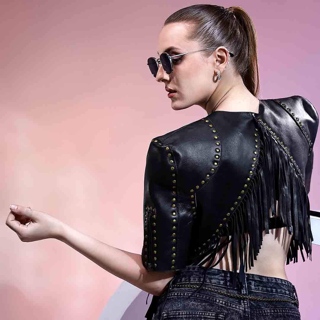 Saint Metal Studded Fringed Leather Short Jacket