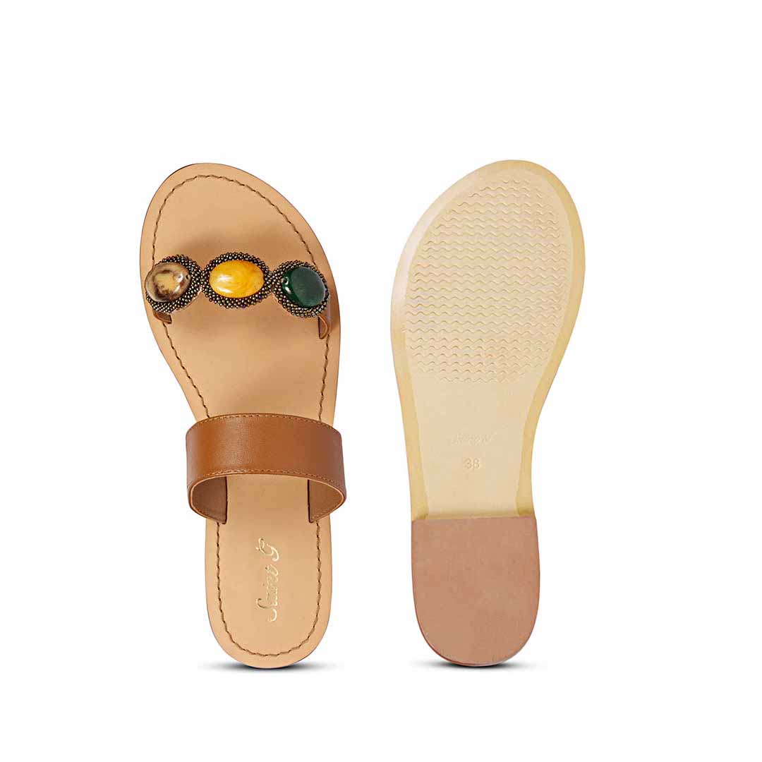 Saint Eva Multi Stone Adorned Tan Leather Flats