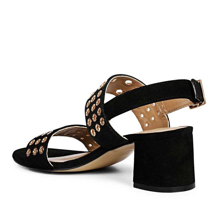 Saint Albina Eyelet Embellished Black Leather Block Heels