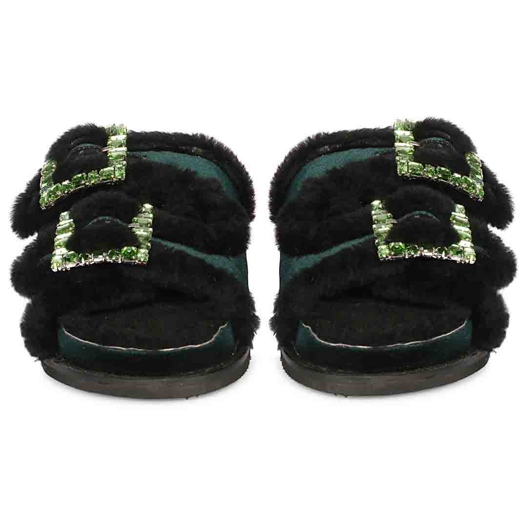 Saint Gemma Crystal Buckle Green Fur Snug Sandals