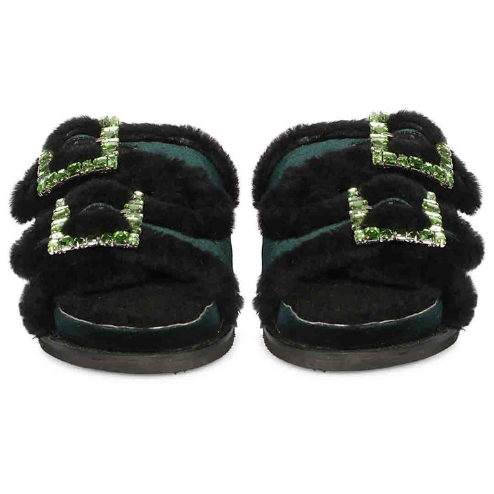 Saint Gemma Crystal Buckle Green Fur Snug Sandals