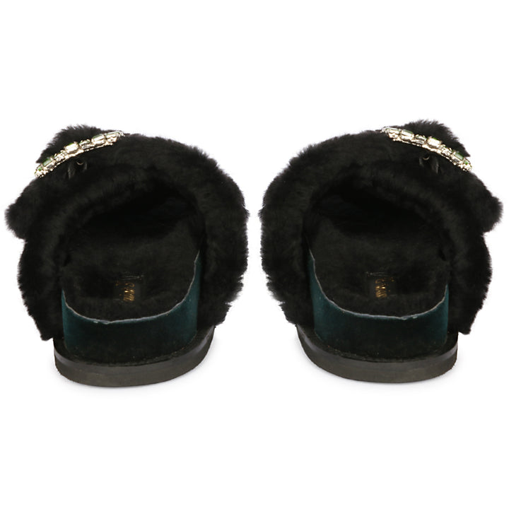 Saint Gemma Crystal Buckle Green Fur Snug Sandals