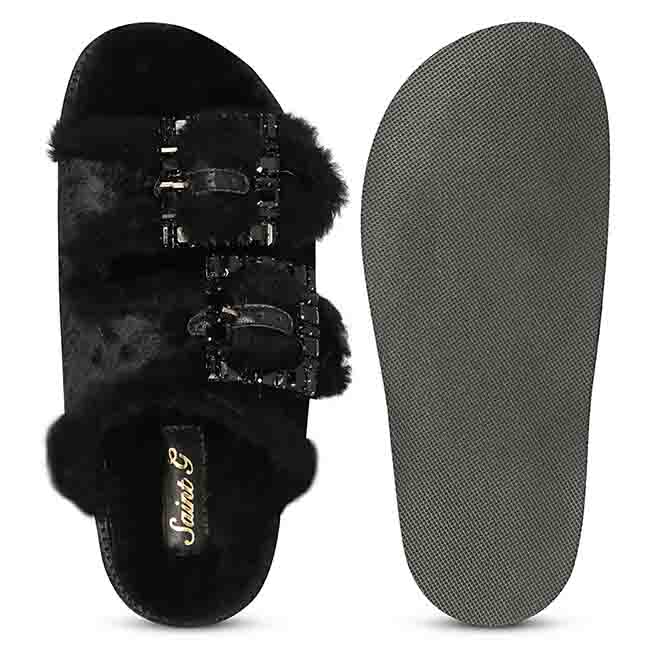 Saint Gemma Crystal Buckle Green Fur Snug Sandals