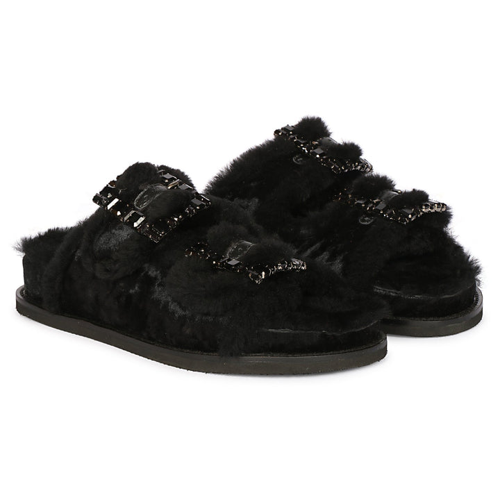 Saint Gemma Crystal Buckle Black Fur Snug Sandals