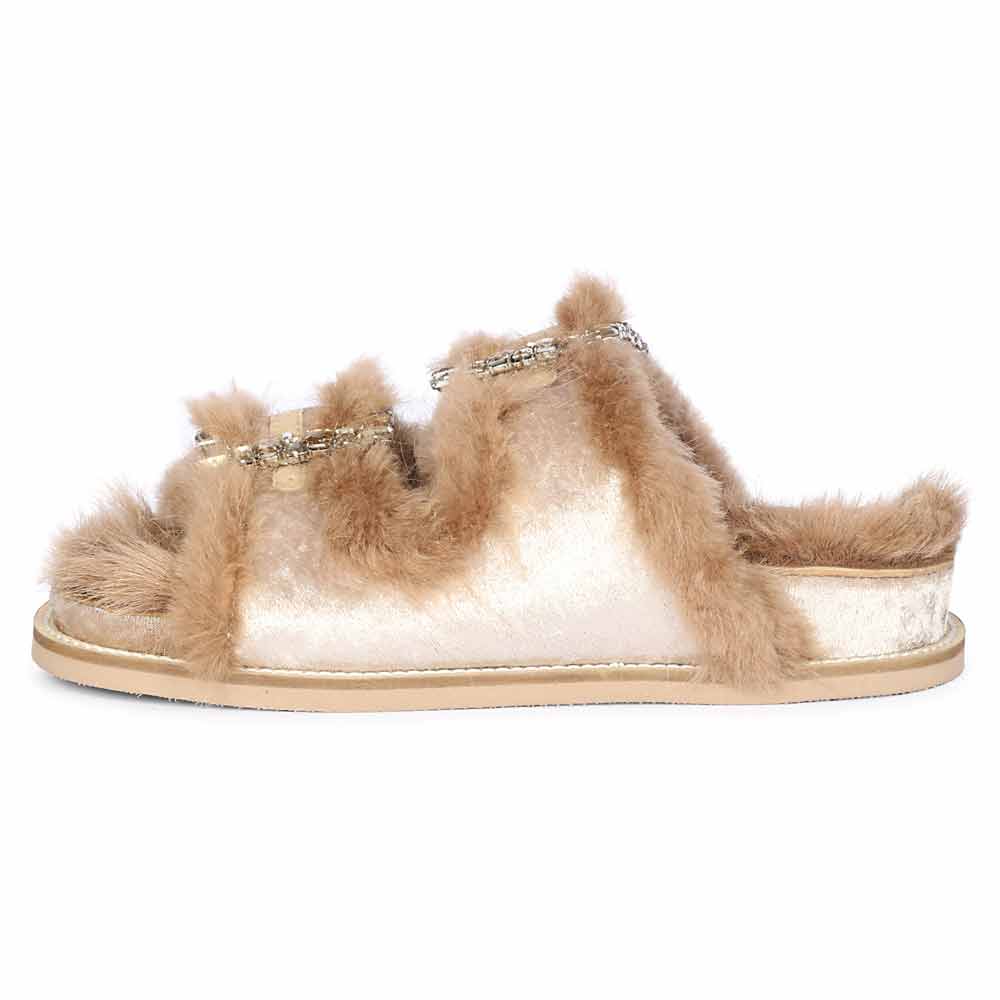 Saint Gemma Crystal Stone Buckles Beige Fur Sandals
