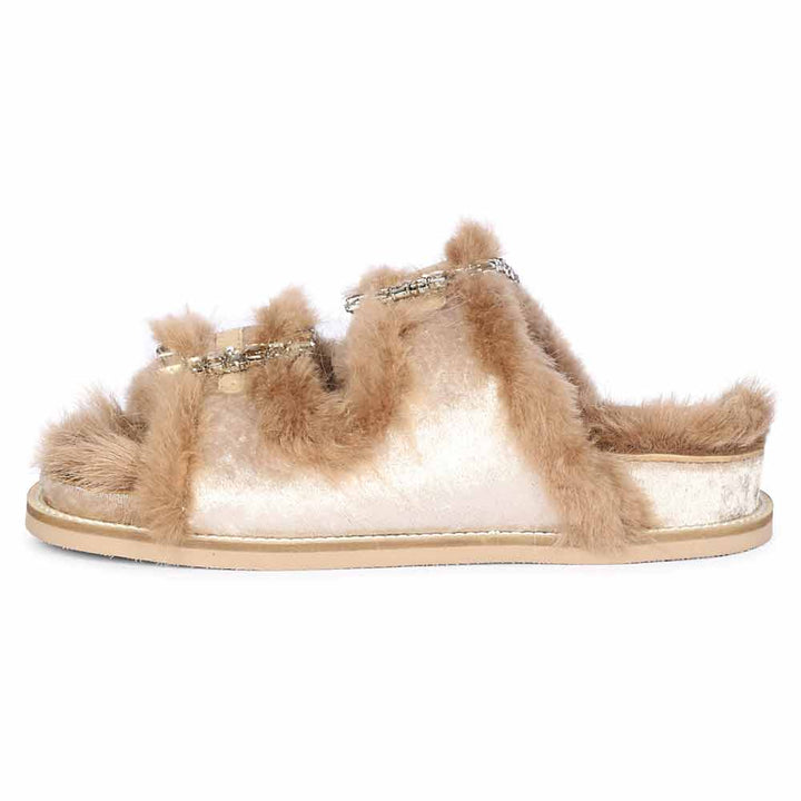 Saint Gemma Crystal Stone Buckles Beige Fur Sandals