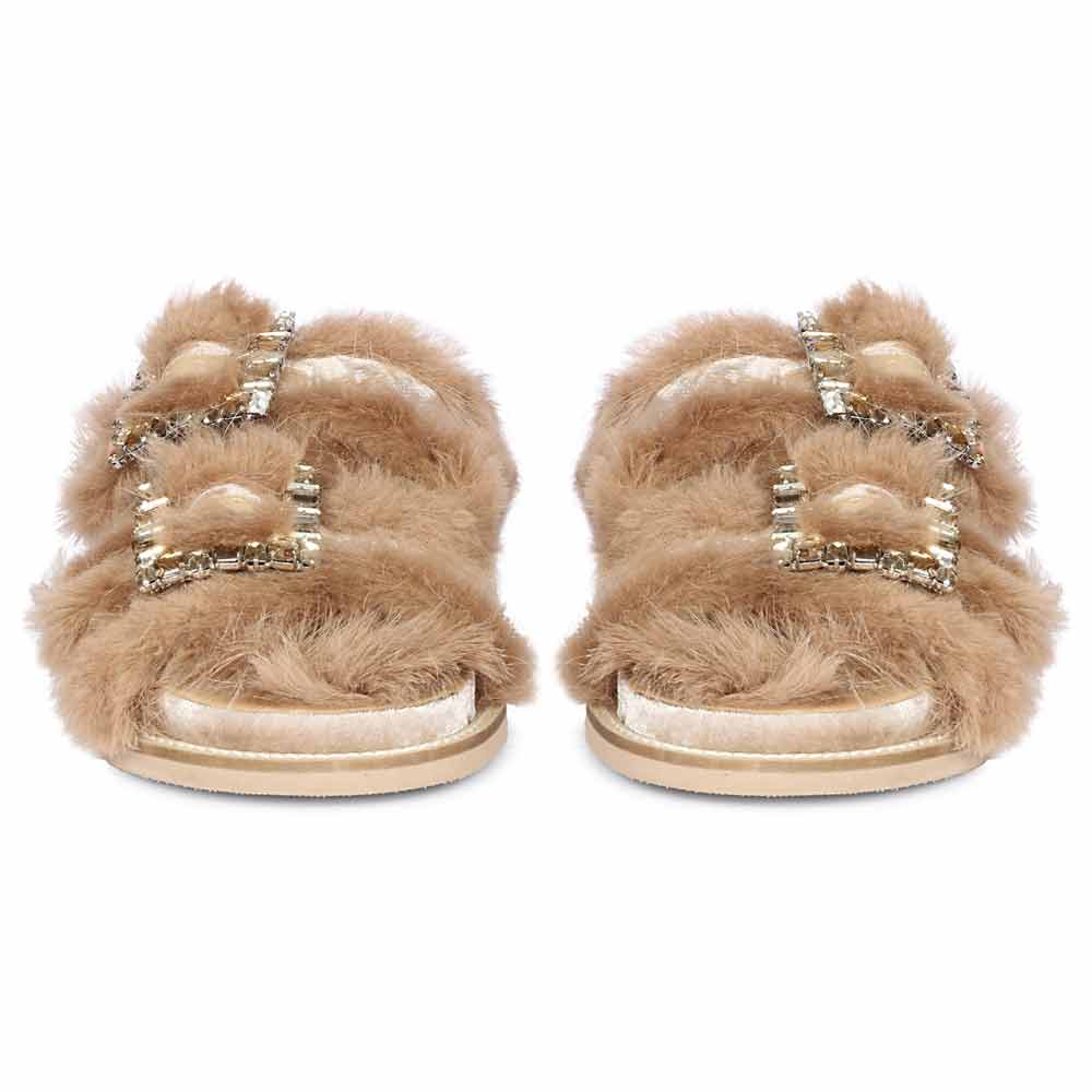 Saint Gemma Crystal Stone Buckles Beige Fur Sandals