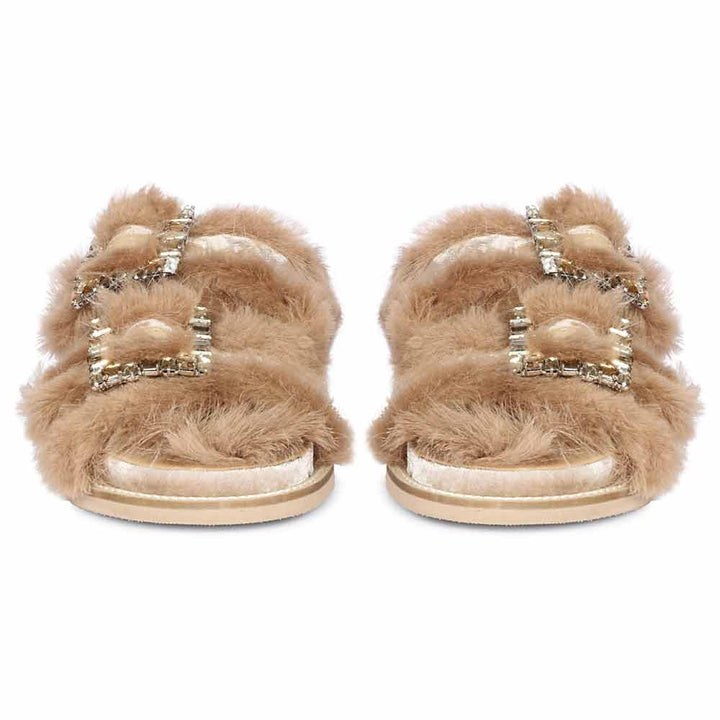 Saint Gemma Crystal Stone Buckles Beige Fur Sandals