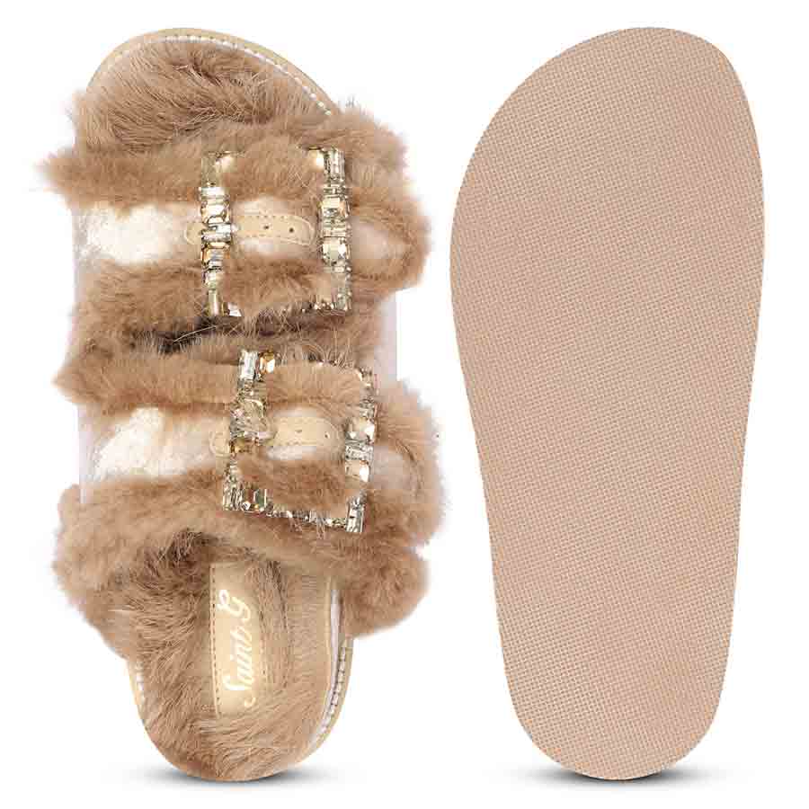 Saint Gemma Crystal Stone Buckles Beige Fur Sandals