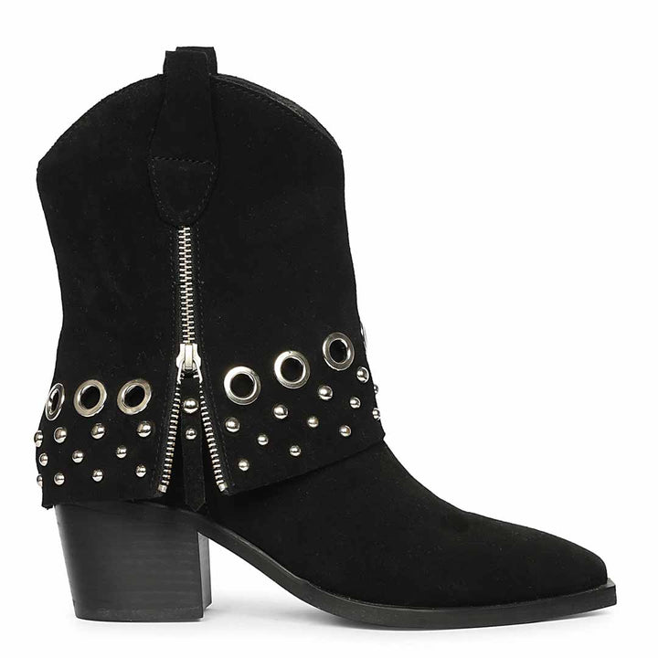 Womens Black leather ankle boot with fold-over studded panel, side zipper, block heel, and metal eyelet detailing