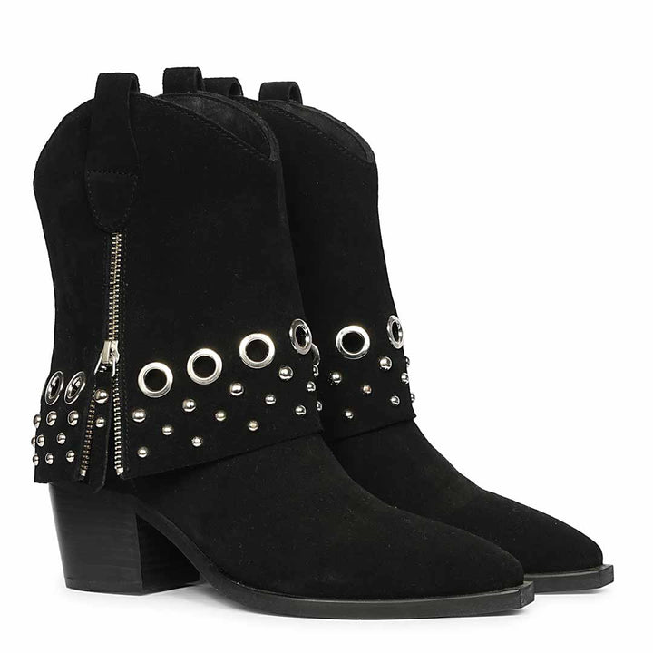 Saint Jordis Studded Fold Over Black Leather Ankle Boots