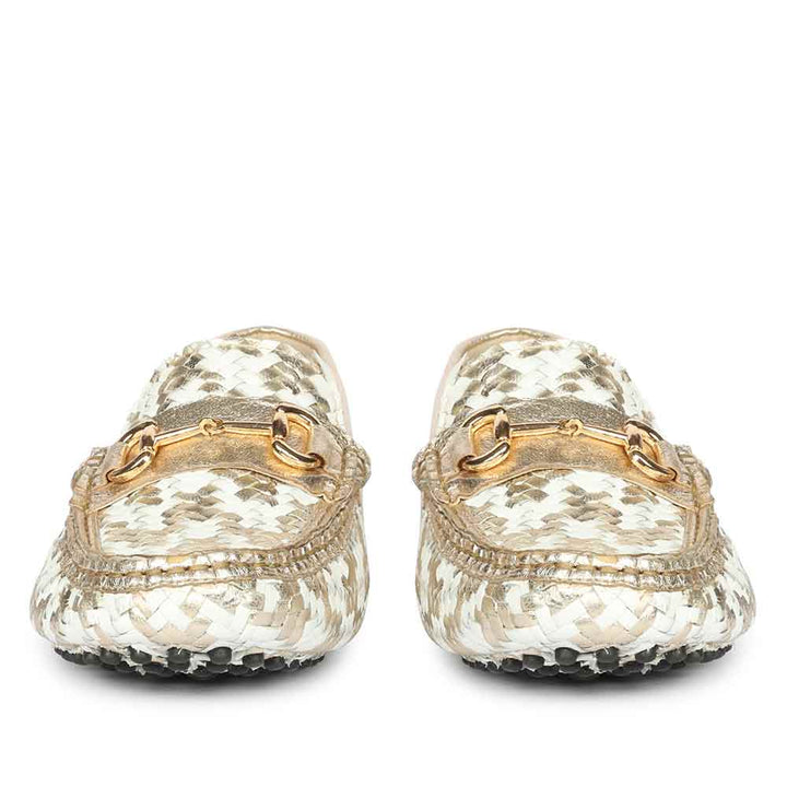 Saint Aurora Gold & White Handwoven Leather Horsebit Loafers
