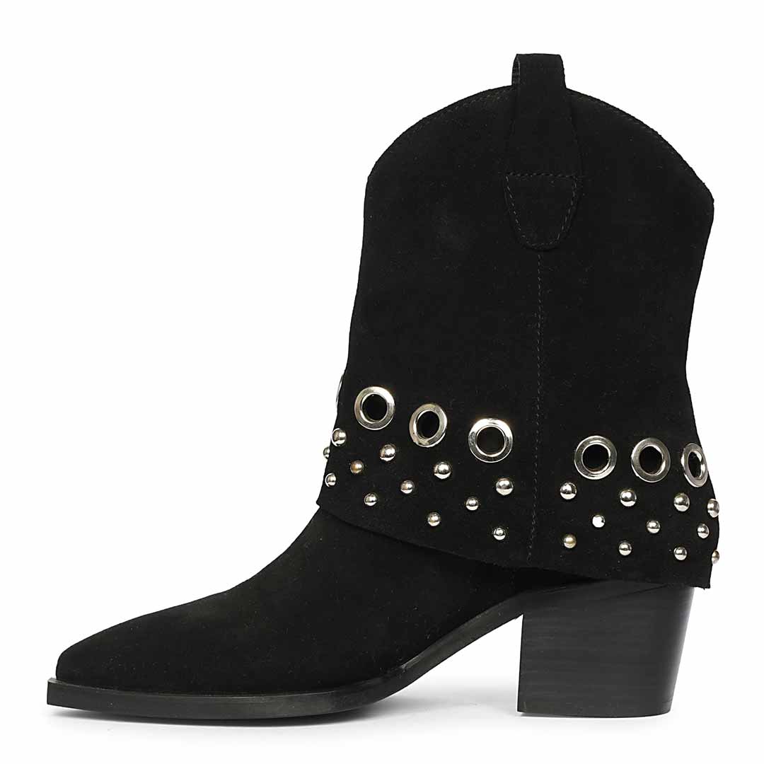 Saint Jordis Studded Fold Over Black Leather Ankle Boots