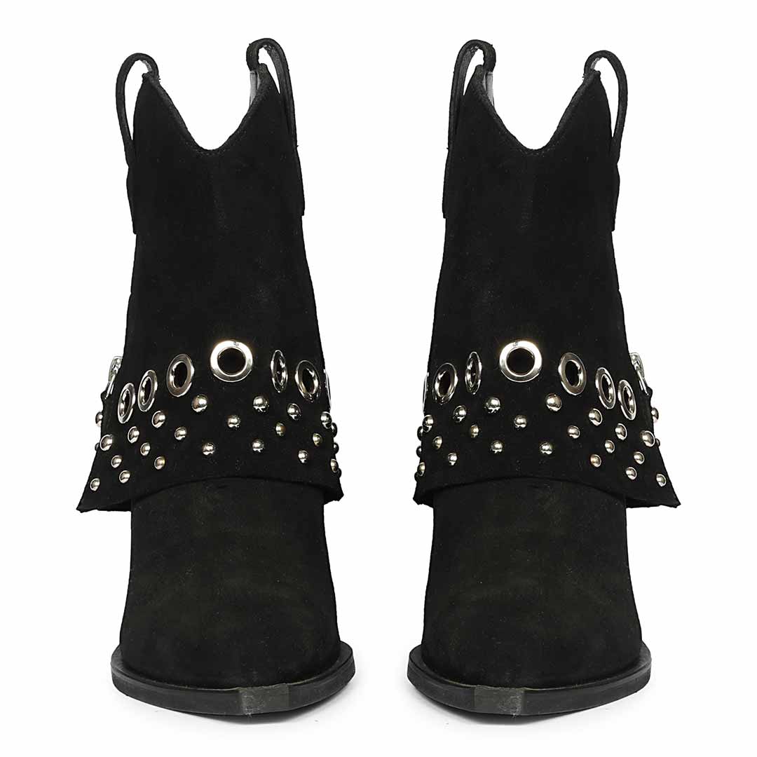 Rear view of black ankle boots with fold-over studded panels and pull tabs