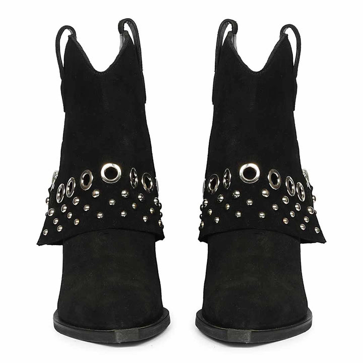 Rear view of black ankle boots with fold-over studded panels and pull tabs