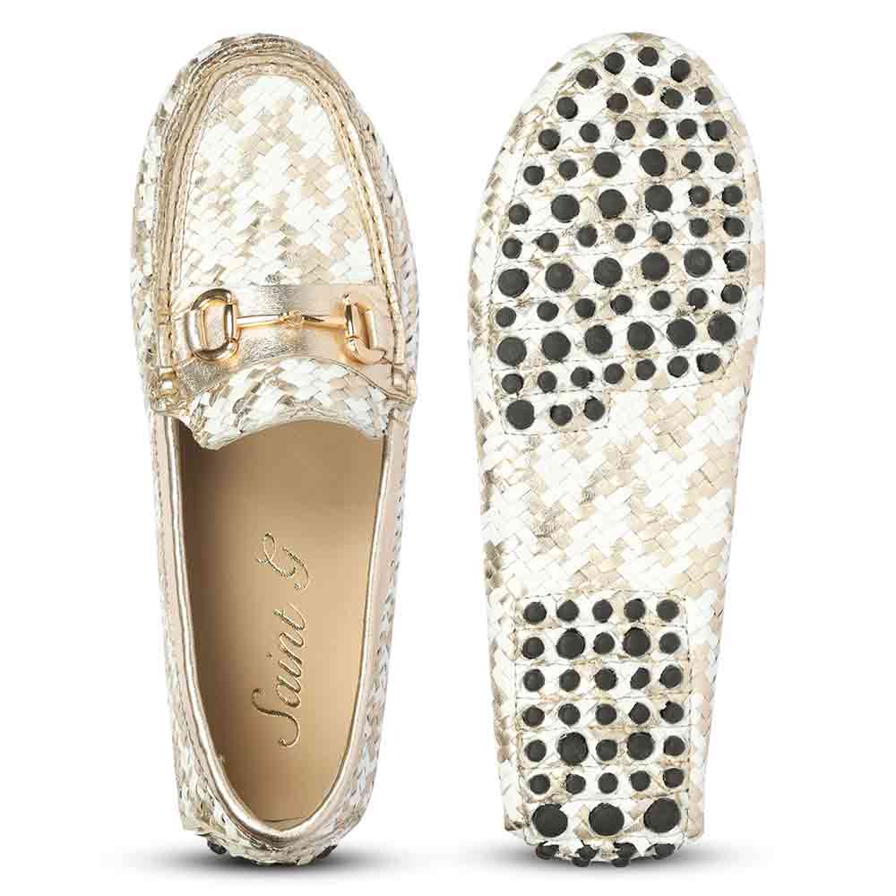 Saint Aurora Gold & White Handwoven Leather Horsebit Loafers