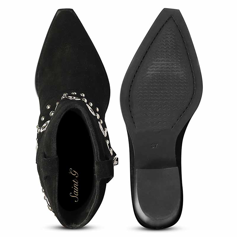 Saint Jordis Studded Fold Over Black Leather Ankle Boots