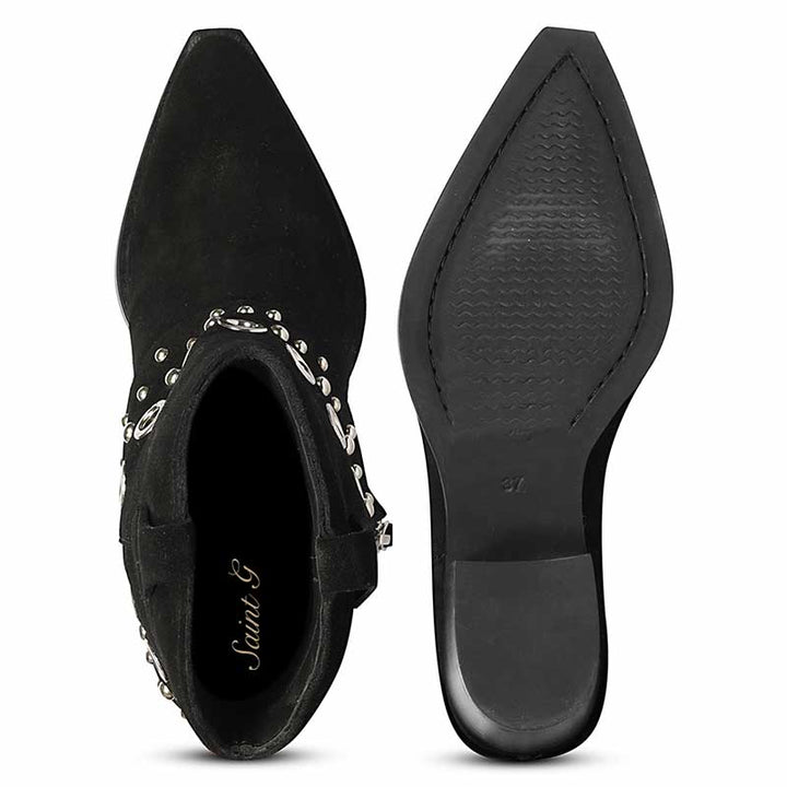 Saint Jordis Studded Fold Over Black Leather Ankle Boots