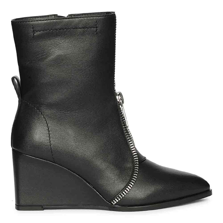 Saint Avia Front Zipper Black Leather Wedge Ankle Boots