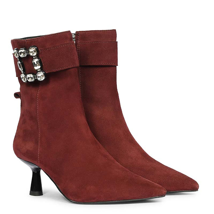 Saint Everly Crystal Buckle Bordo Leather Ankle Boots