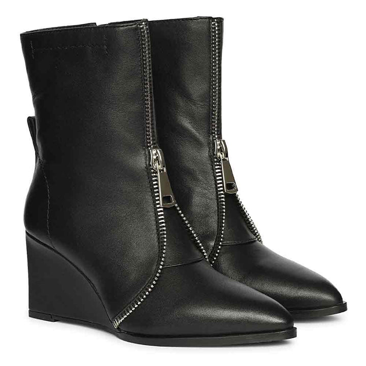 Saint Avia Front Zipper Black Leather Wedge Ankle Boots