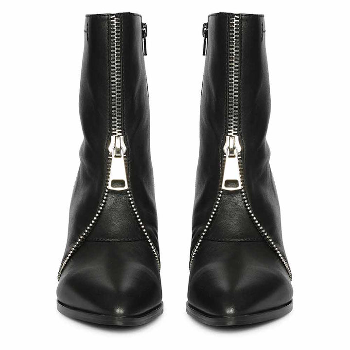 Saint Avia Front Zipper Black Leather Wedge Ankle Boots