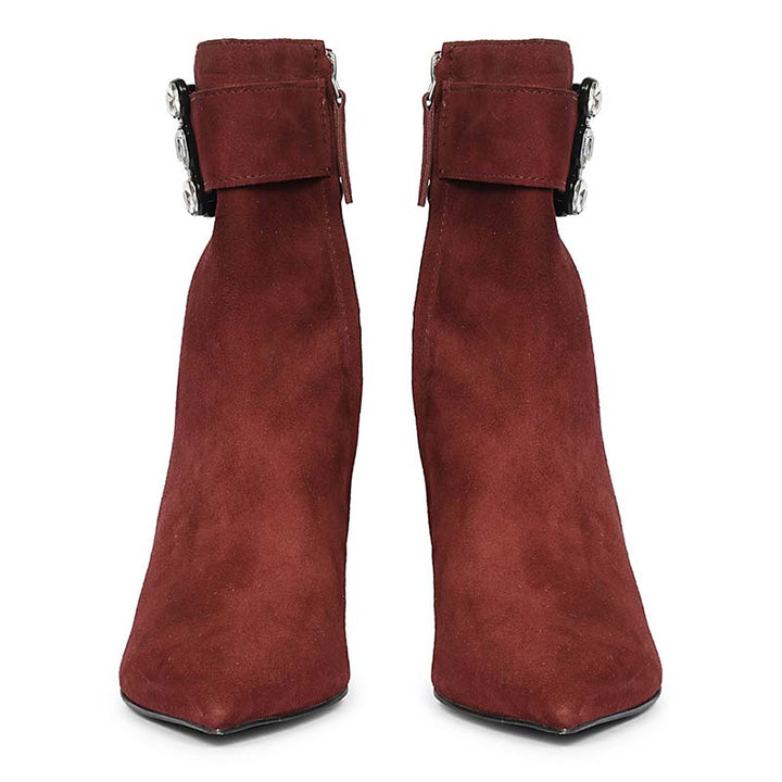 Saint Everly Crystal Buckle Bordo Leather Ankle Boots