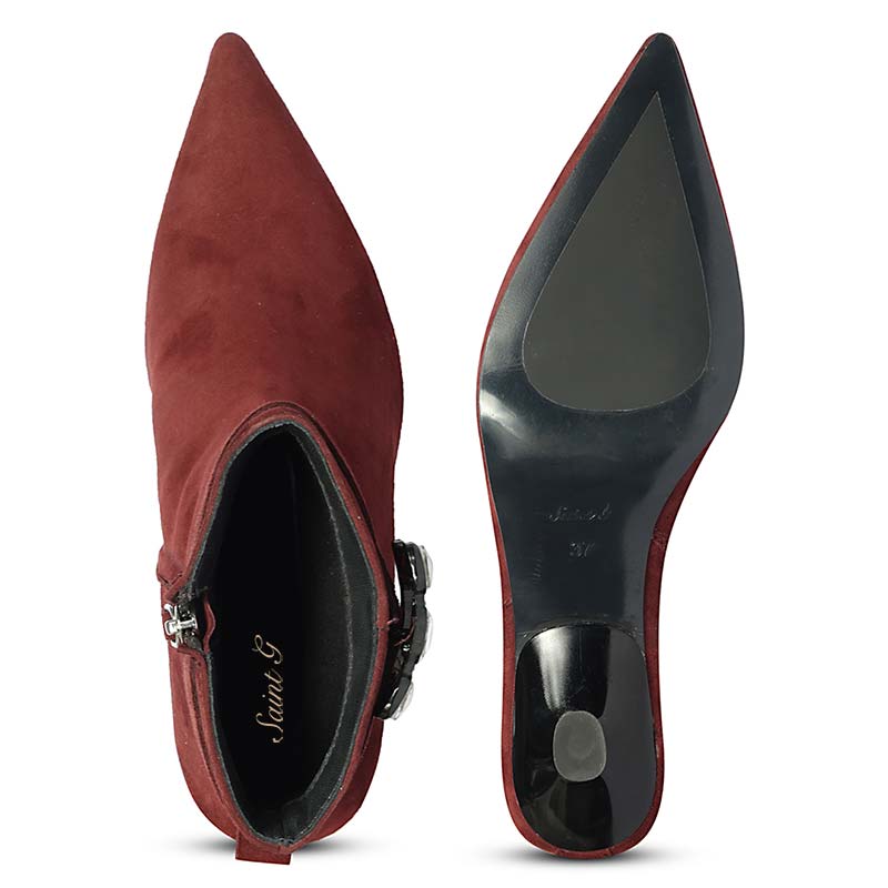 Saint Everly Crystal Buckle Bordo Leather Ankle Boots